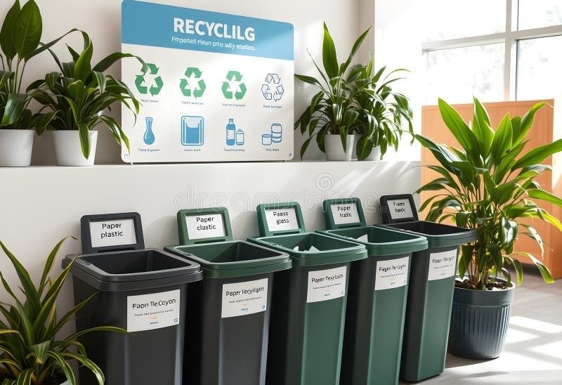 Flera sorteringskärl för papper, plast och glas i en ljus miljö